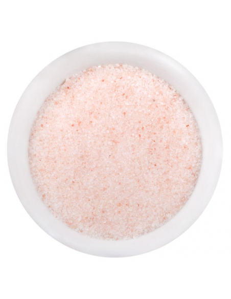 Pink crystal salt fine gourmet spice in glass