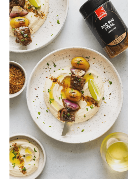 Rinderspieß mit Hummus - Hartkorn Gewuerze